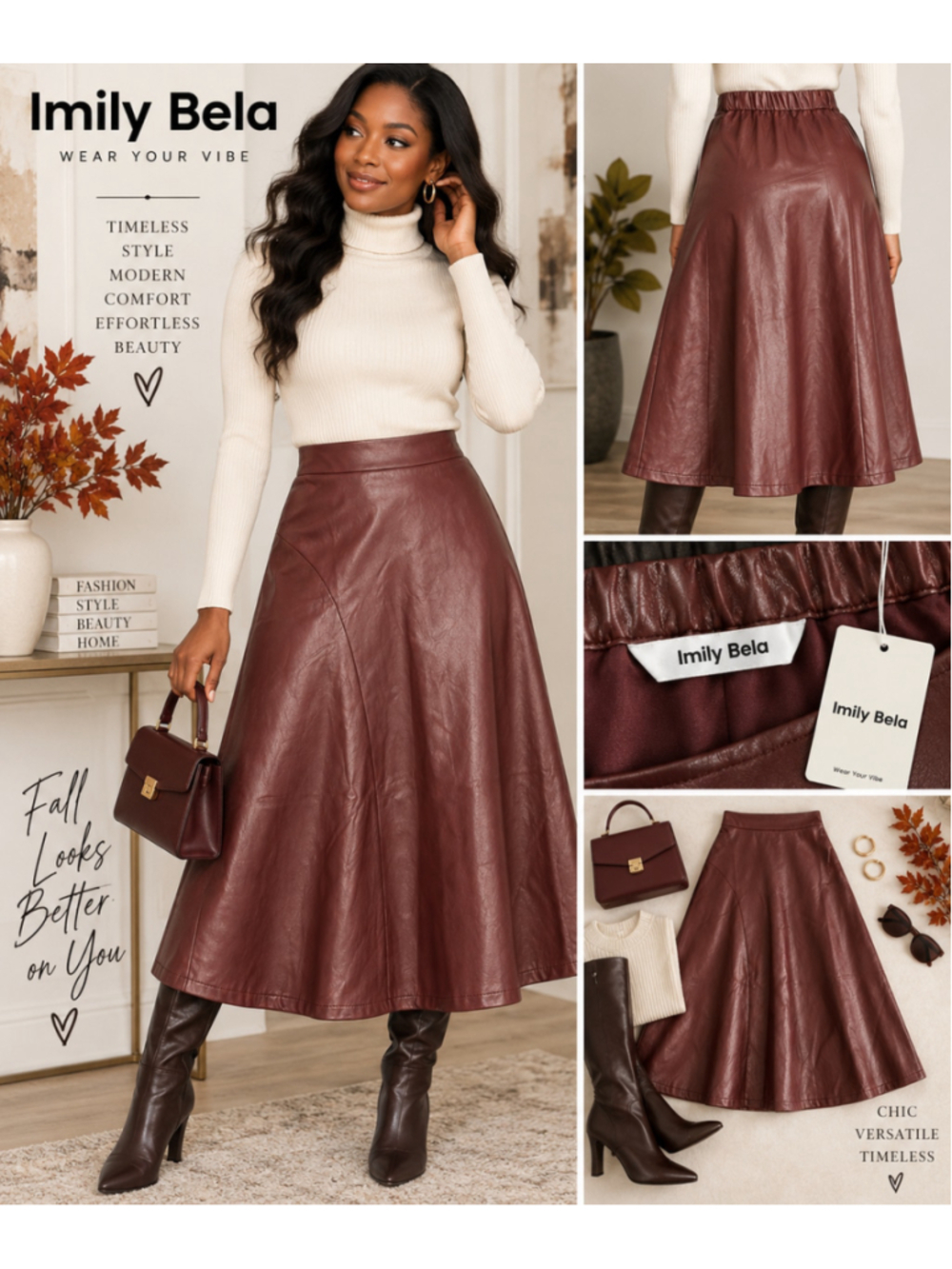 Imily Bela Burgundy Faux Leather A-Line Midi Skirt Small NWT